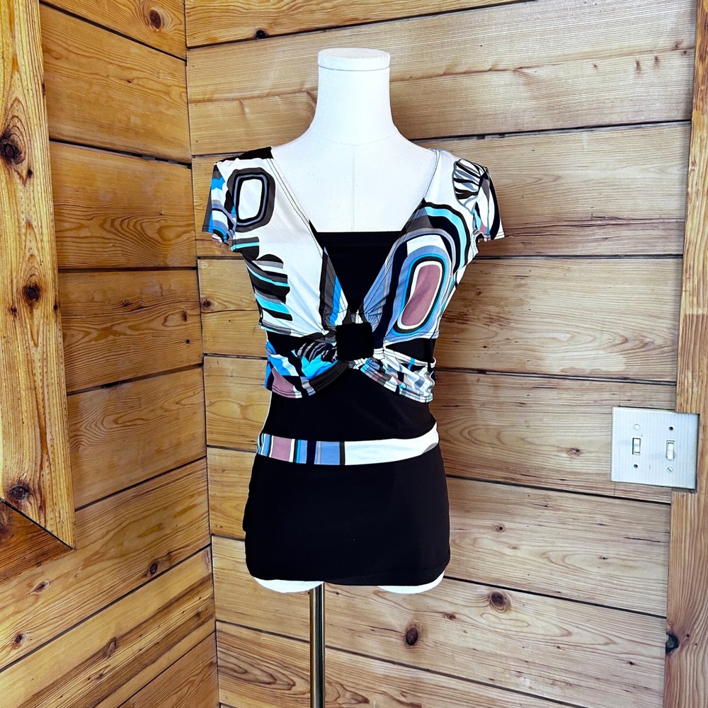 Vintage Tunic Top Women Small Turquoise Geometric Mod Buckle Y2K Muaa USA